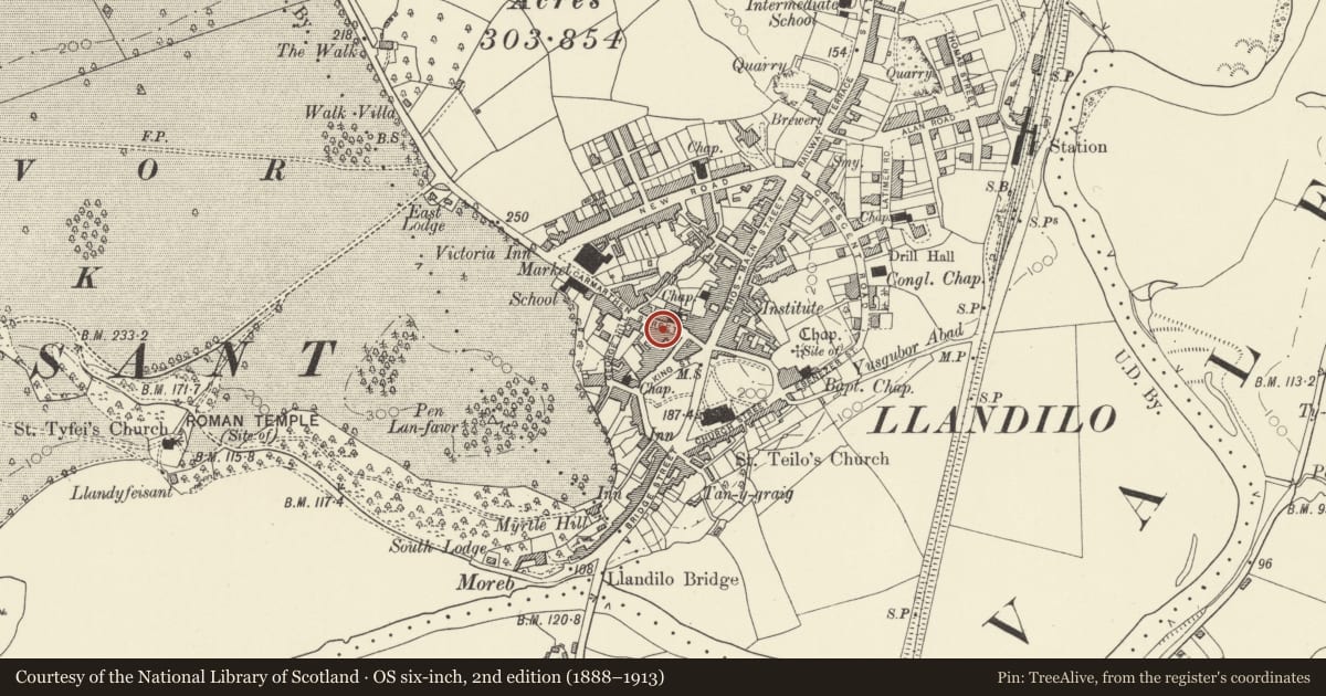 Ordnance Survey six-inch map, 2nd edition (1888–1913) covering the location of Hill House, Llandeilo, Carmarthenshire, with a pin at the register's coordinates
