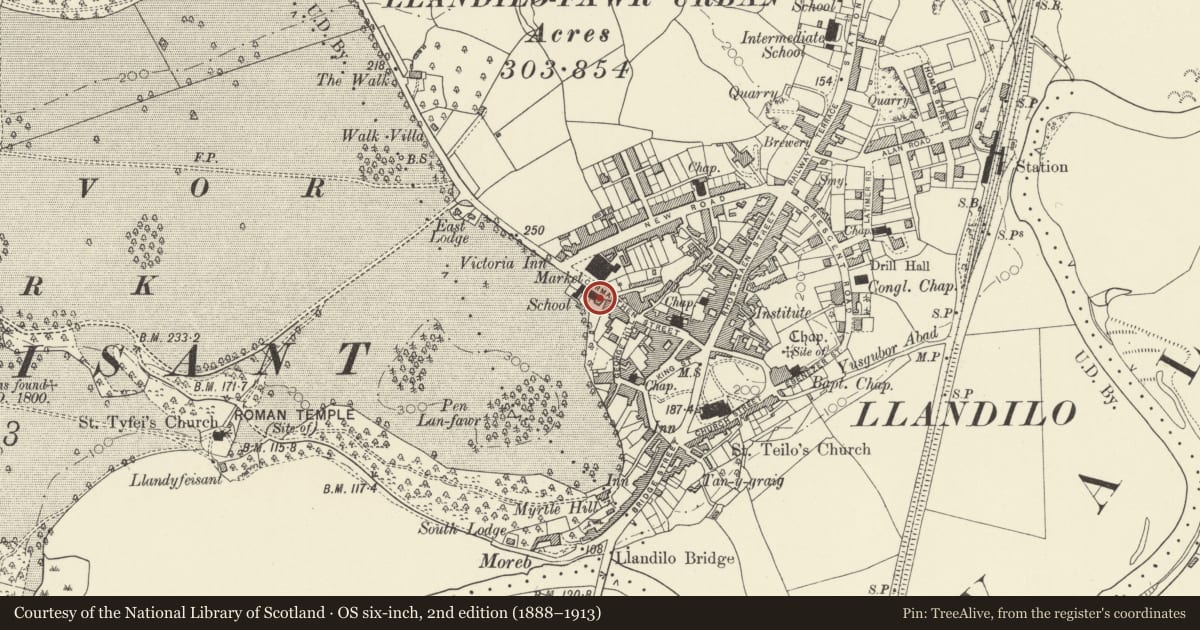 Ordnance Survey six-inch map, 2nd edition (1888–1913) covering the location of Former School House, Llandeilo, Carmarthenshire, with a pin at the register's coordinates