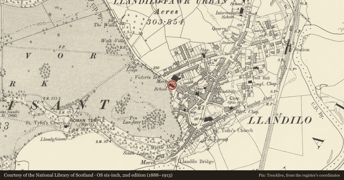 Ordnance Survey six-inch map, 2nd edition (1888–1913) covering the location of Former National School, Llandeilo, Carmarthenshire, with a pin at the register's coordinates