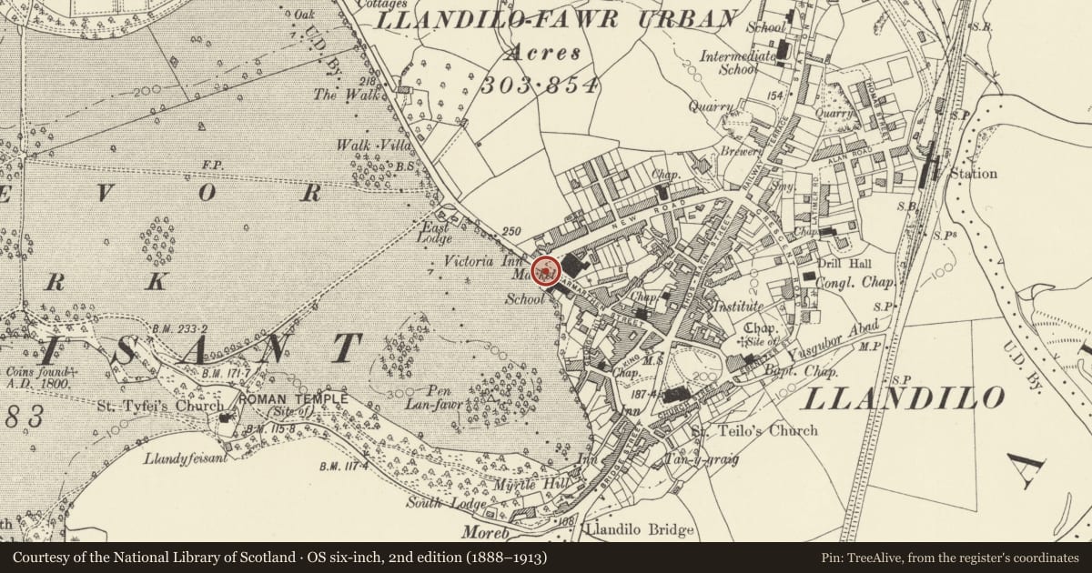 Ordnance Survey six-inch map, 2nd edition (1888–1913) covering the location of Gates & Gatepiers to Penlan Park, Llandeilo, Carmarthenshire, with a pin at the register's coordinates