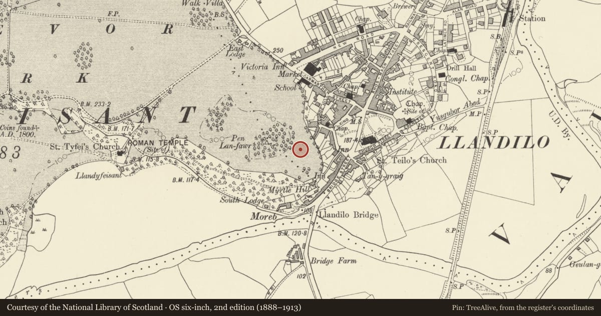 Ordnance Survey six-inch map, 2nd edition (1888–1913) covering the location of Bandstand in Penlan Park, Llandeilo, Carmarthenshire, with a pin at the register's coordinates