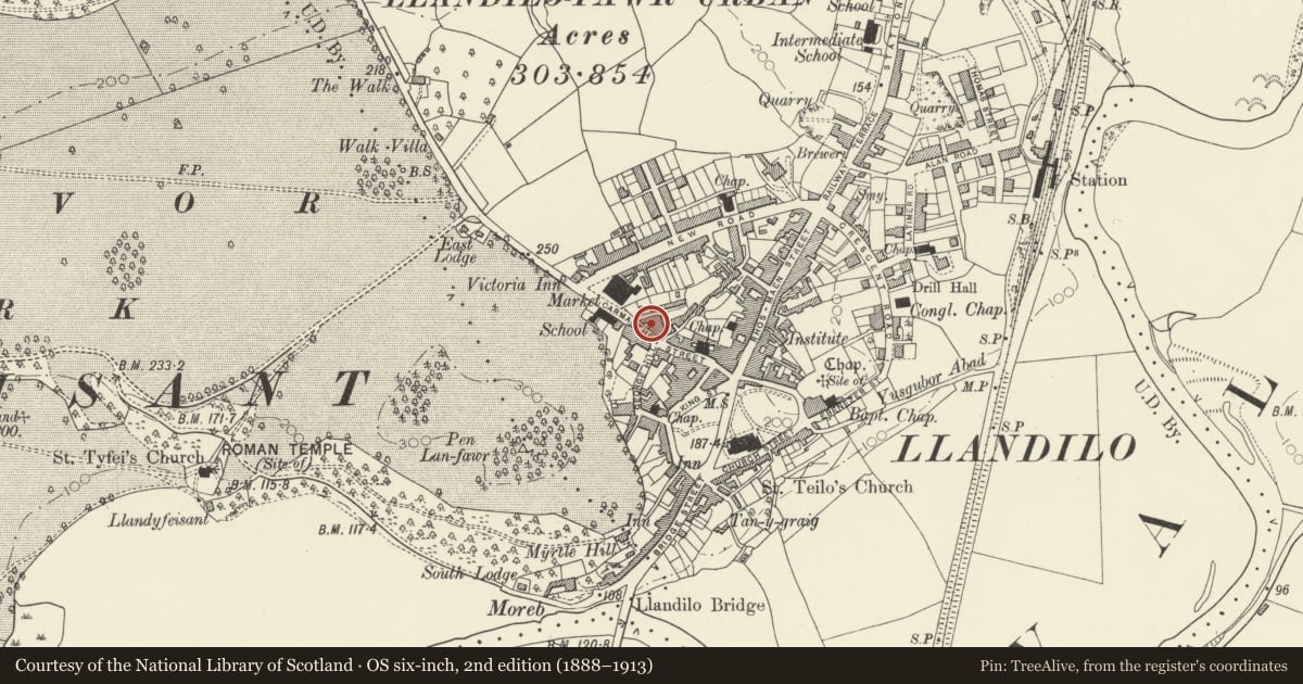 Ordnance Survey six-inch map, 2nd edition (1888–1913) covering the location of Brisken House, Llandeilo, Carmarthenshire, with a pin at the register's coordinates