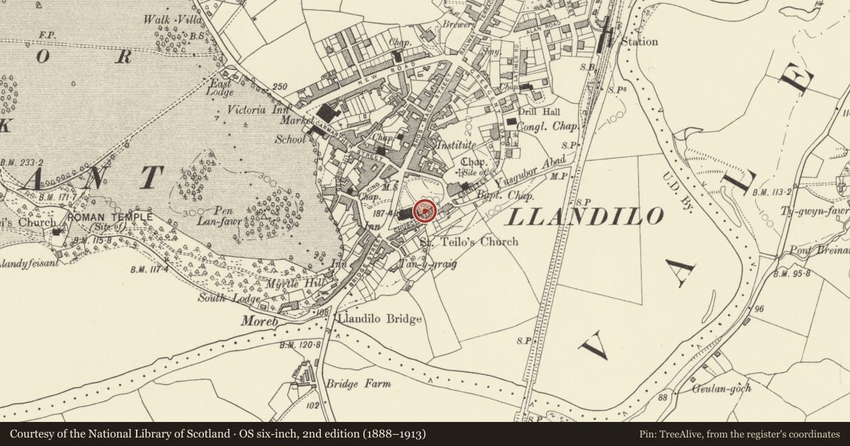 Ordnance Survey six-inch map, 2nd edition (1888–1913) covering the location of Well (including churchyard Wall for 10m West and 20m East), Llandeilo, Carmarthenshire, with a pin at the register's coordinates