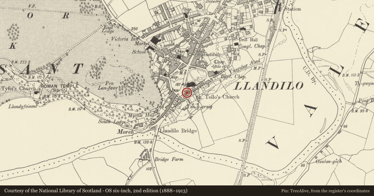 Ordnance Survey six-inch map, 2nd edition (1888–1913) covering the location of 4 Church Street, Llandeilo, Carmarthenshire, with a pin at the register's coordinates