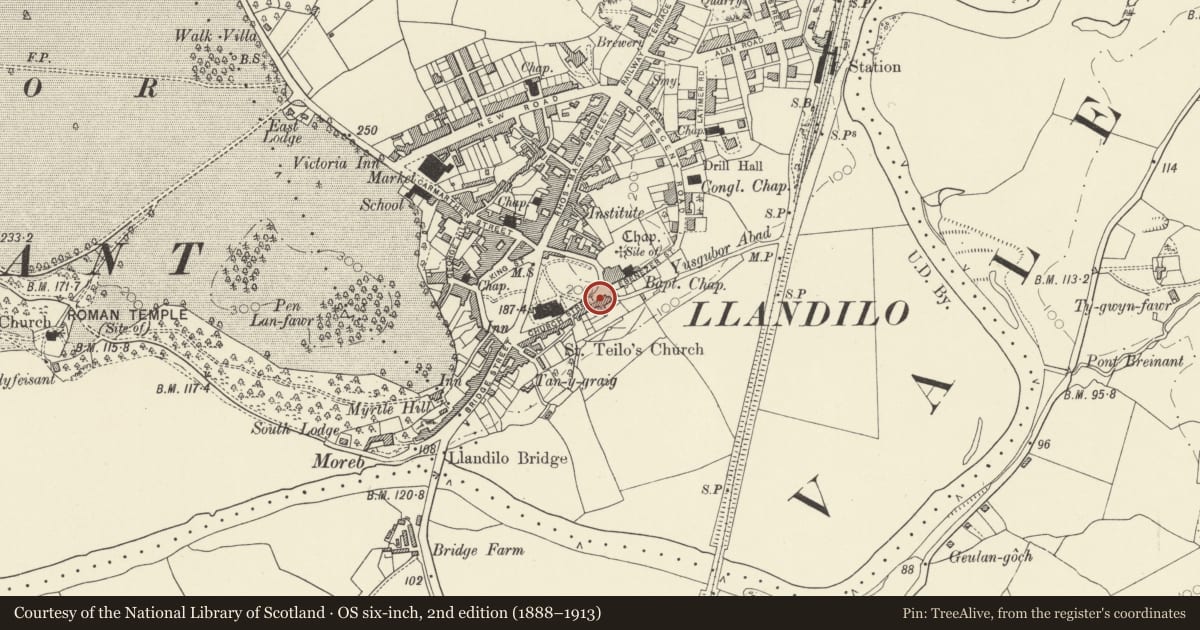 Ordnance Survey six-inch map, 2nd edition (1888–1913) covering the location of Stepney House, Llandeilo, Carmarthenshire, with a pin at the register's coordinates