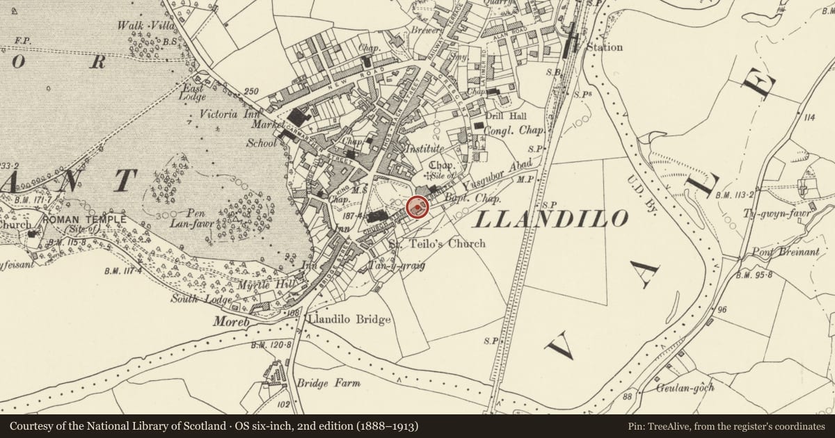 Ordnance Survey six-inch map, 2nd edition (1888–1913) covering the location of Mount Pleasant, Llandeilo, Carmarthenshire, with a pin at the register's coordinates