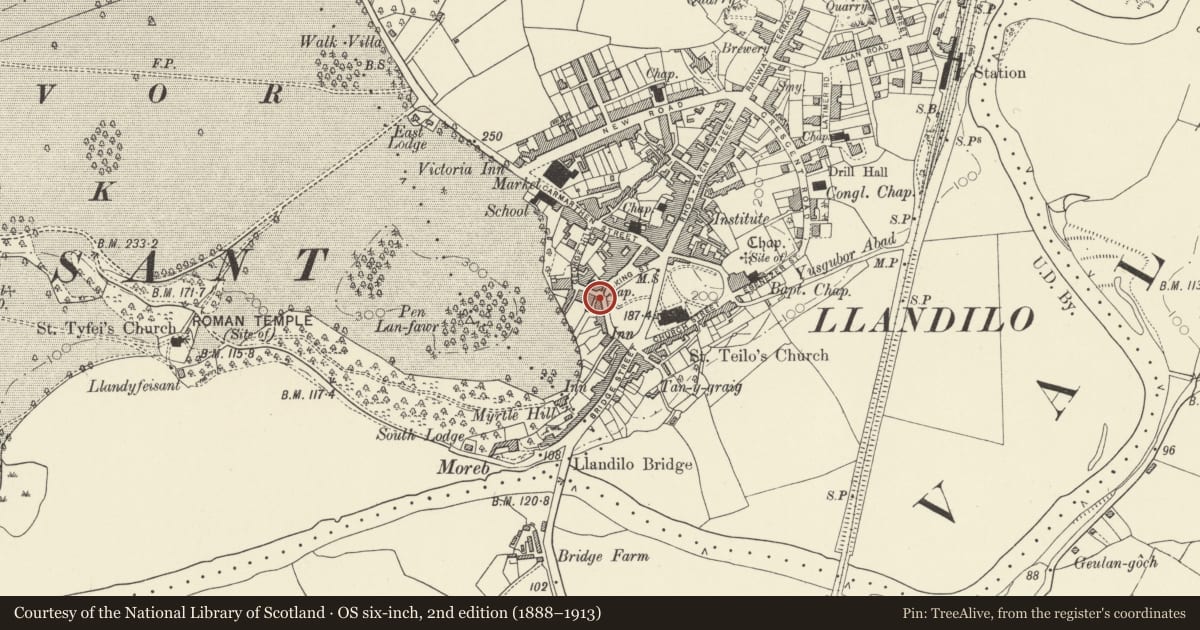 Ordnance Survey six-inch map, 2nd edition (1888–1913) covering the location of 1 George Hill, Llandeilo, Carmarthenshire, with a pin at the register's coordinates