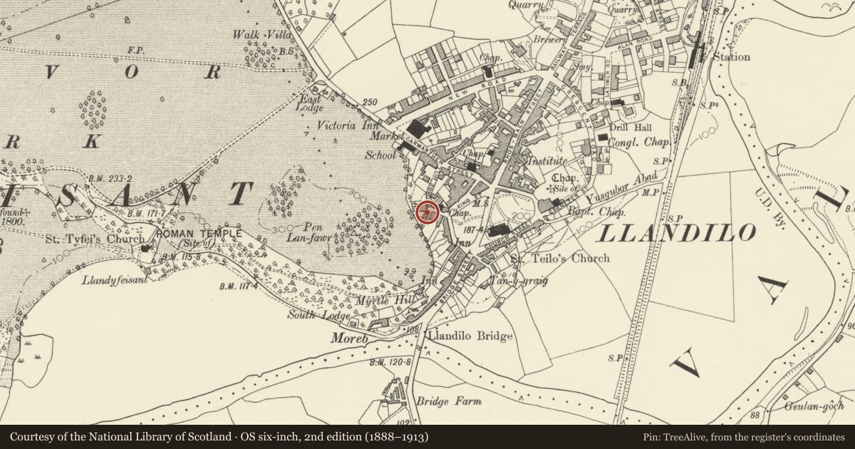Ordnance Survey six-inch map, 2nd edition (1888–1913) covering the location of 5 George Hill, Llandeilo, Carmarthenshire, with a pin at the register's coordinates