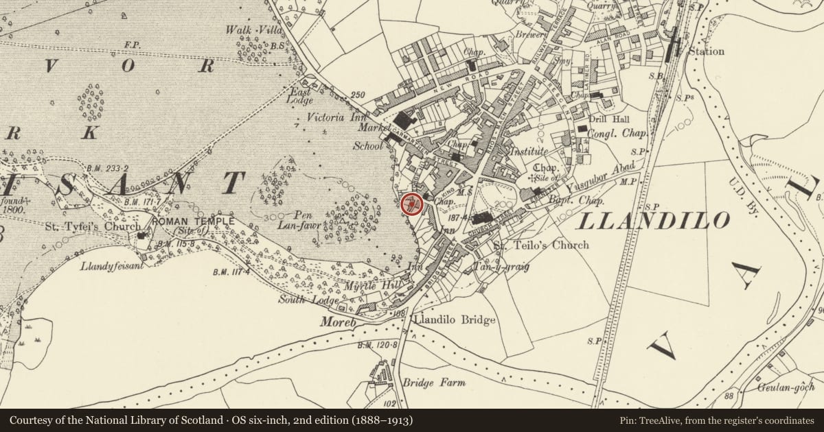 Ordnance Survey six-inch map, 2nd edition (1888–1913) covering the location of 6 George Hill, Llandeilo, Carmarthenshire, with a pin at the register's coordinates