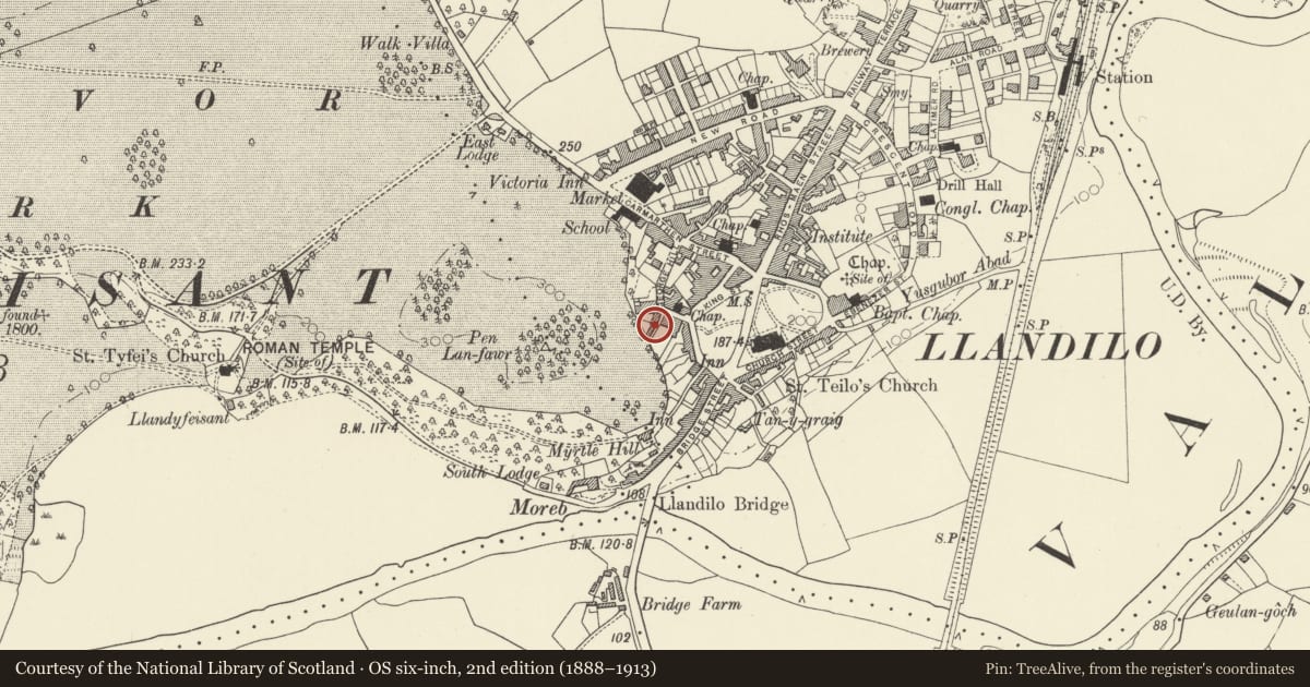 Ordnance Survey six-inch map, 2nd edition (1888–1913) covering the location of 7 George Hill, Llandeilo, Carmarthenshire, with a pin at the register's coordinates
