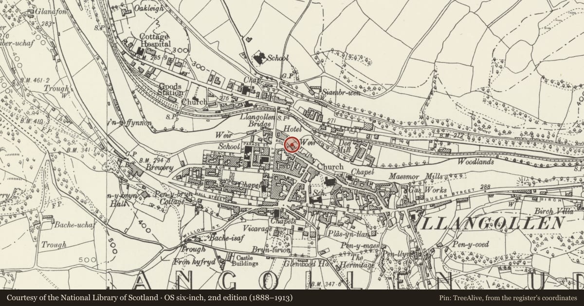 Ordnance Survey six-inch map, 2nd edition (1888–1913) covering the location of Midland Bank, Llangollen, Denbighshire, with a pin at the register's coordinates