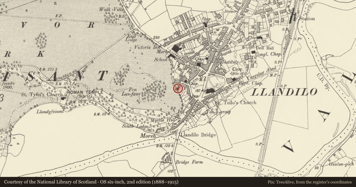 Ordnance Survey six-inch map, 2nd edition (1888–1913) covering the location of 9 George Hill, Llandeilo, Carmarthenshire, with a pin at the register's coordinates