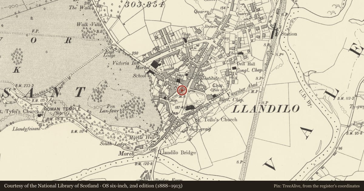 Ordnance Survey six-inch map, 2nd edition (1888–1913) covering the location of 2 King Street, Llandeilo, Carmarthenshire, with a pin at the register's coordinates
