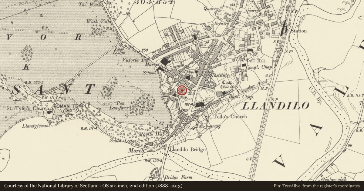 Ordnance Survey six-inch map, 2nd edition (1888–1913) covering the location of Veterinary Surgery, Llandeilo, Carmarthenshire, with a pin at the register's coordinates