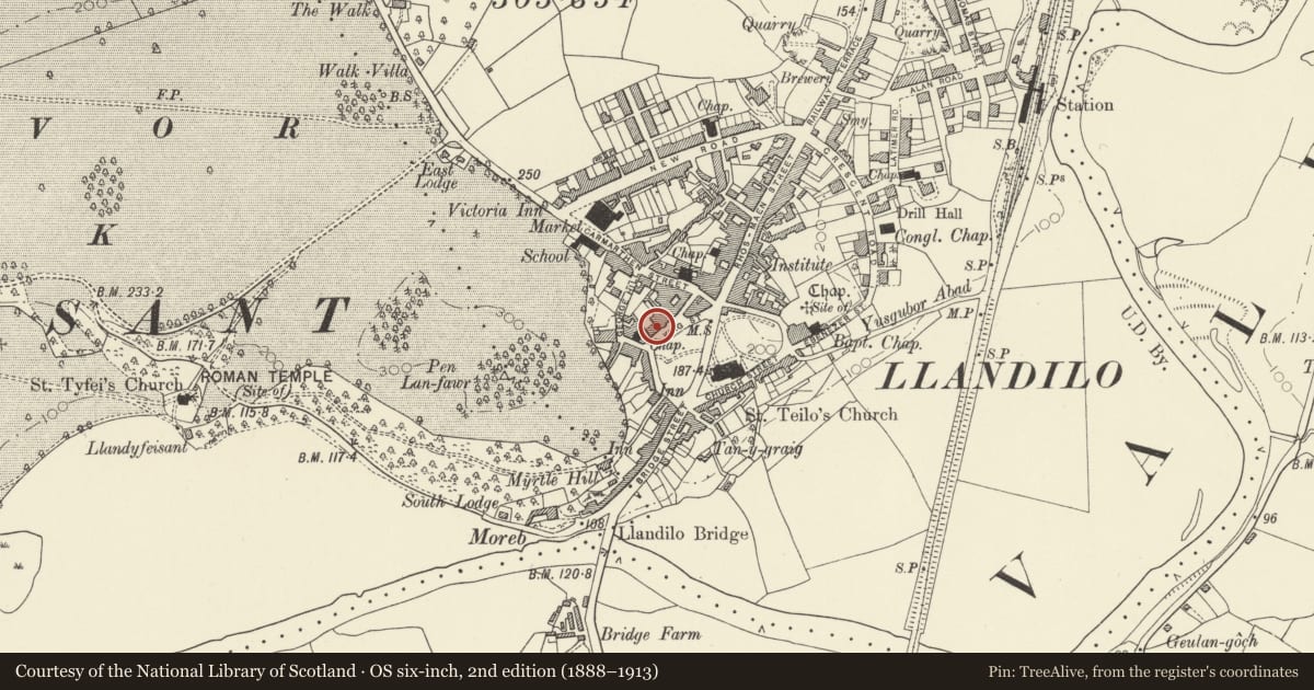Ordnance Survey six-inch map, 2nd edition (1888–1913) covering the location of Towy Home Decor, Llandeilo, Carmarthenshire, with a pin at the register's coordinates