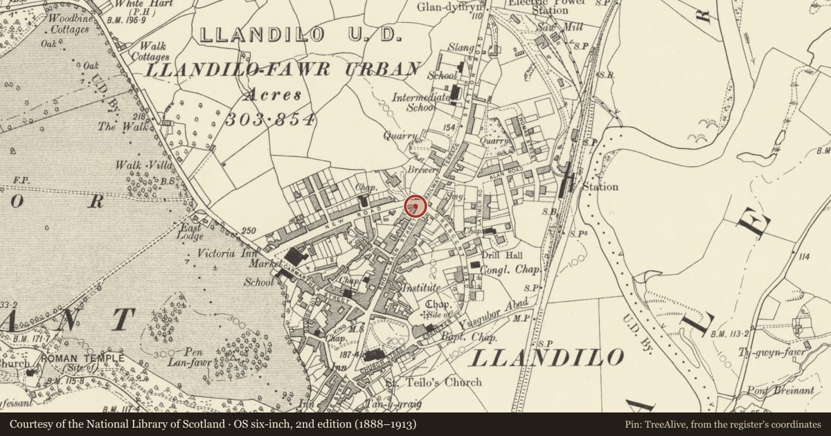 Ordnance Survey six-inch map, 2nd edition (1888–1913) covering the location of Prospect House, Llandeilo, Carmarthenshire, with a pin at the register's coordinates