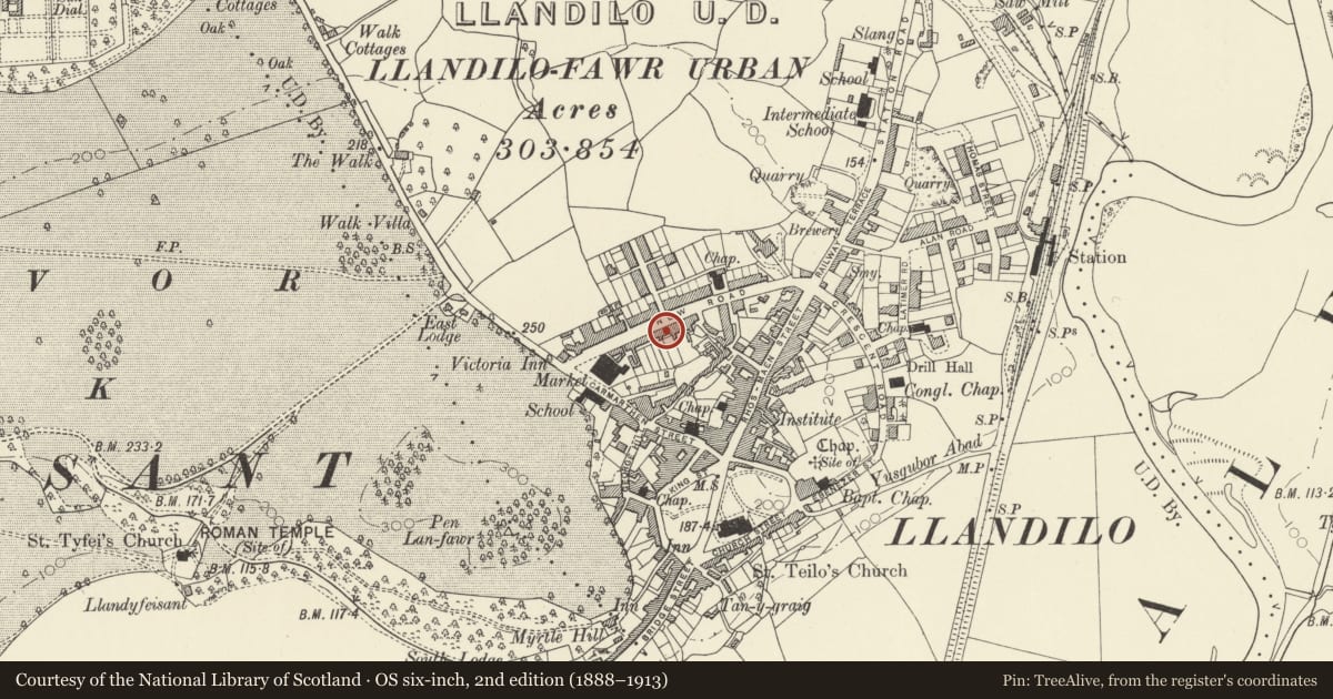 Ordnance Survey six-inch map, 2nd edition (1888–1913) covering the location of Green Hall, Llandeilo, Carmarthenshire, with a pin at the register's coordinates