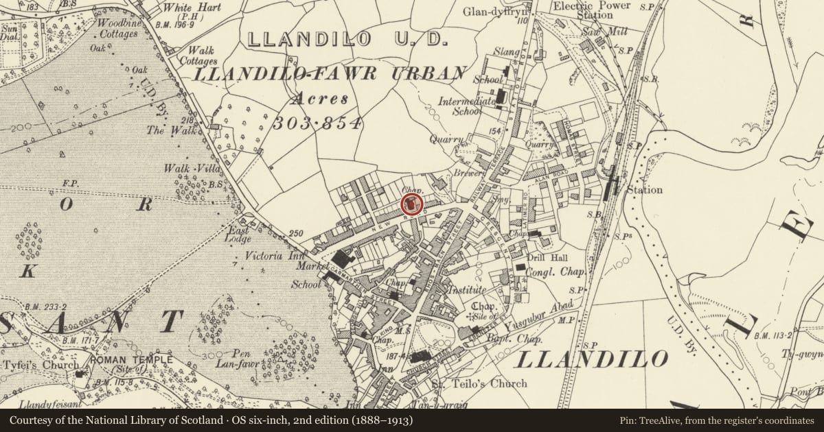 Ordnance Survey six-inch map, 2nd edition (1888–1913) covering the location of Salem Welsh Calvinistic Methodist Chapel, Llandeilo, Carmarthenshire, with a pin at the register's coordinates