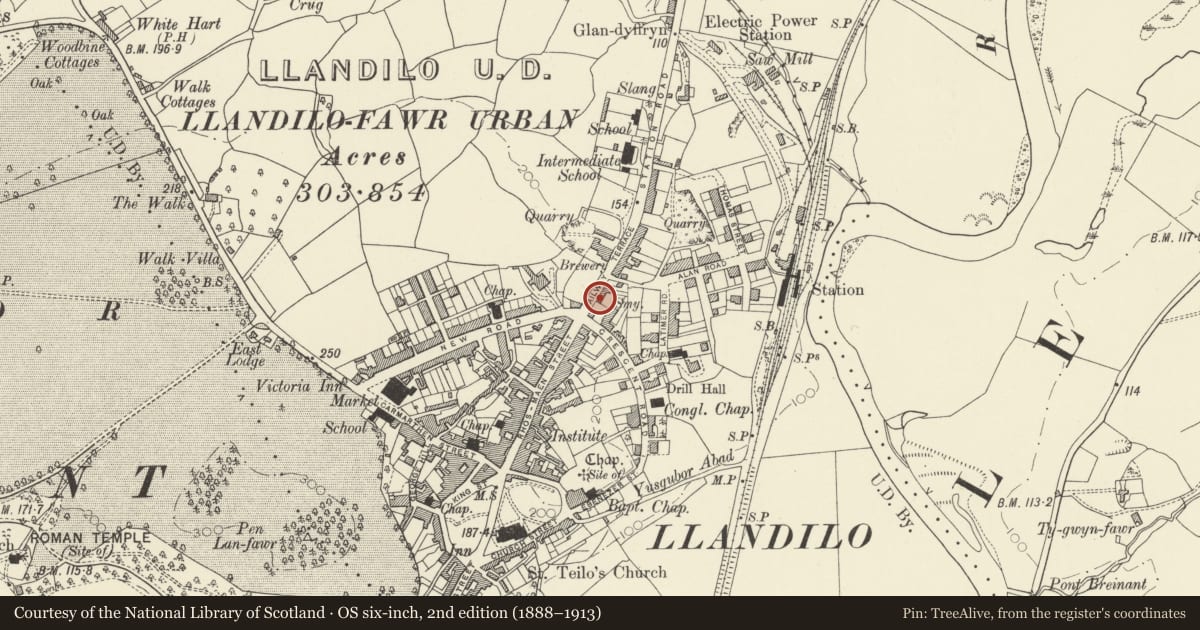 Ordnance Survey six-inch map, 2nd edition (1888–1913) covering the location of 3 Railway Terrace, Llandeilo, Carmarthenshire, with a pin at the register's coordinates