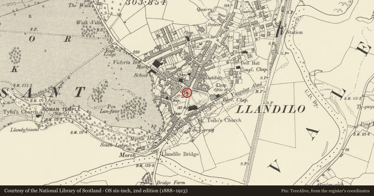 Ordnance Survey six-inch map, 2nd edition (1888–1913) covering the location of Milestone, Llandeilo, Carmarthenshire, with a pin at the register's coordinates
