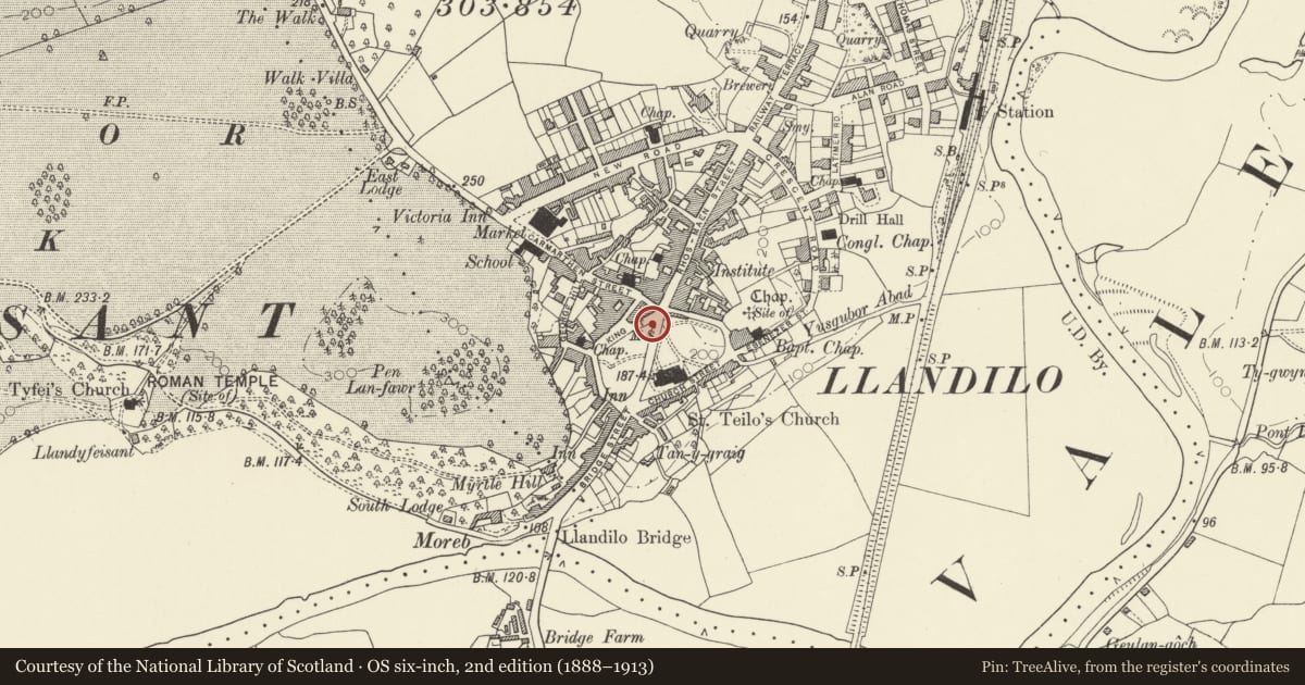 Ordnance Survey six-inch map, 2nd edition (1888–1913) covering the location of Milestone, Llandeilo, Carmarthenshire, with a pin at the register's coordinates