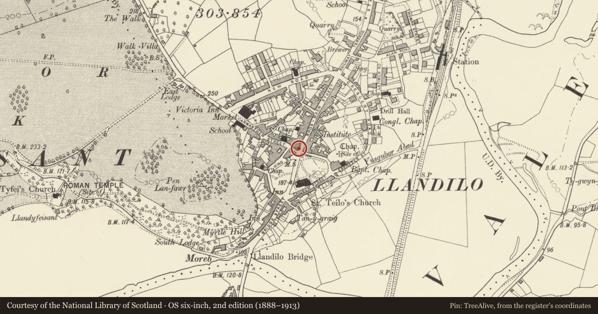 Ordnance Survey six-inch map, 2nd edition (1888–1913) covering the location of Midland Bank, Llandeilo, Carmarthenshire, with a pin at the register's coordinates