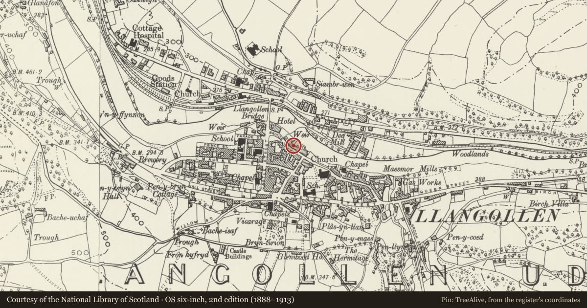 Ordnance Survey six-inch map, 2nd edition (1888–1913) covering the location of Village Pine, Llangollen, Denbighshire, with a pin at the register's coordinates
