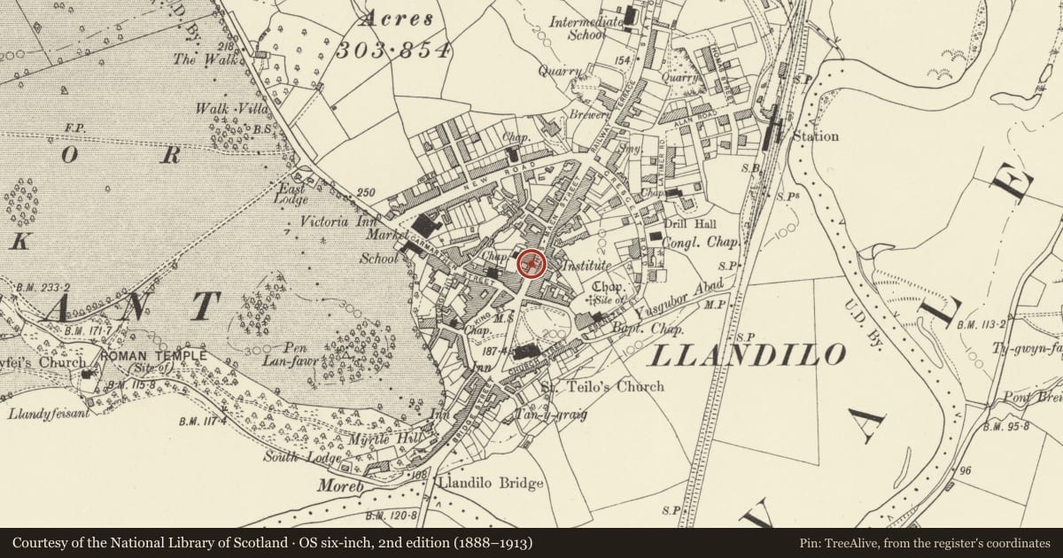 Ordnance Survey six-inch map, 2nd edition (1888–1913) covering the location of House to rear of 72, Llandeilo, Carmarthenshire, with a pin at the register's coordinates