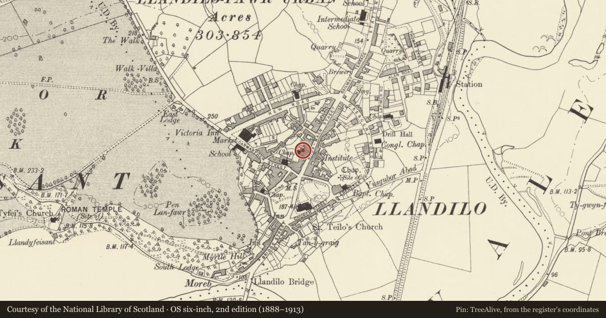 Ordnance Survey six-inch map, 2nd edition (1888–1913) covering the location of Outhouse opposite No.70, Llandeilo, Carmarthenshire, with a pin at the register's coordinates