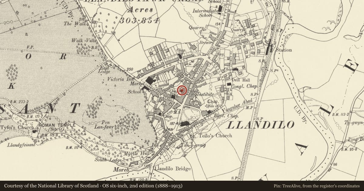 Ordnance Survey six-inch map, 2nd edition (1888–1913) covering the location of (Former Horeb) Wesleyan Chapel, Llandeilo, Carmarthenshire, with a pin at the register's coordinates
