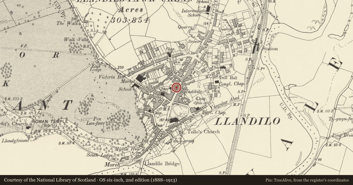 Ordnance Survey six-inch map, 2nd edition (1888–1913) covering the location of 66 Rhosmaen Street, Llandeilo, Carmarthenshire, with a pin at the register's coordinates