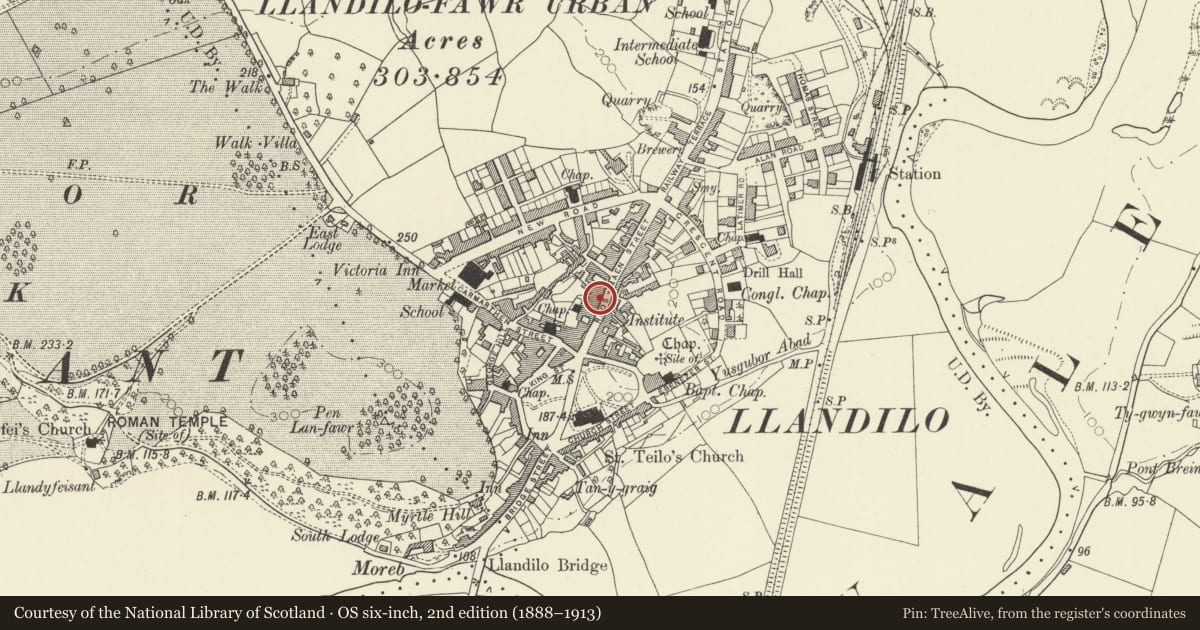 Ordnance Survey six-inch map, 2nd edition (1888–1913) covering the location of Angel Hotel, Llandeilo, Carmarthenshire, with a pin at the register's coordinates