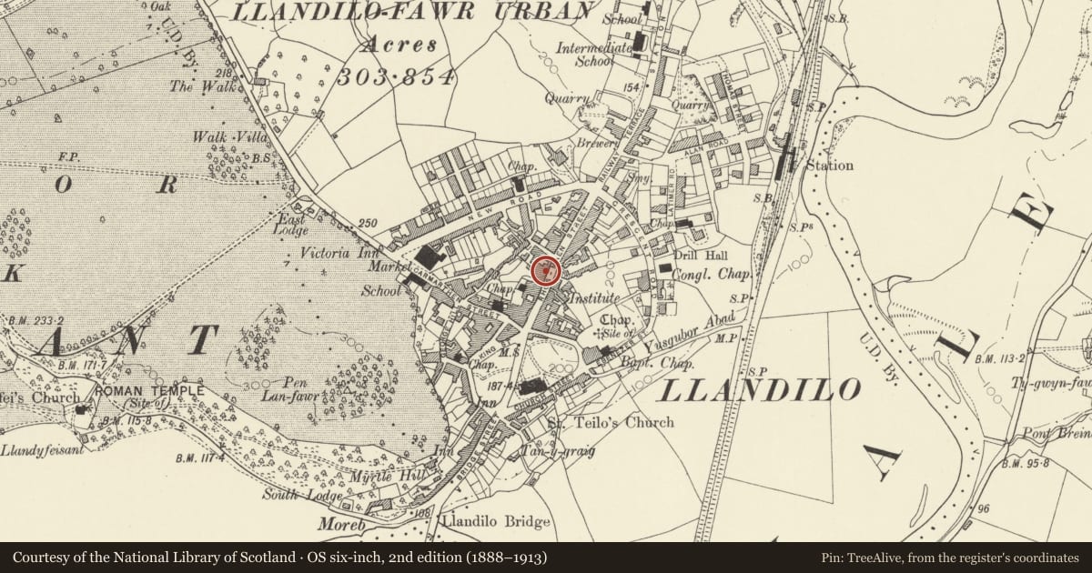 Ordnance Survey six-inch map, 2nd edition (1888–1913) covering the location of Dewi Price & Co Solicitors, Llandeilo, Carmarthenshire, with a pin at the register's coordinates