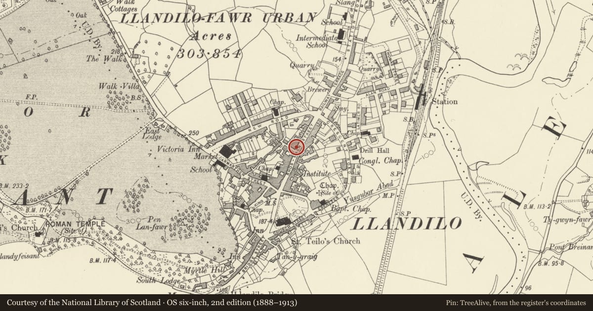 Ordnance Survey six-inch map, 2nd edition (1888–1913) covering the location of National Westminster Bank, Llandeilo, Carmarthenshire, with a pin at the register's coordinates