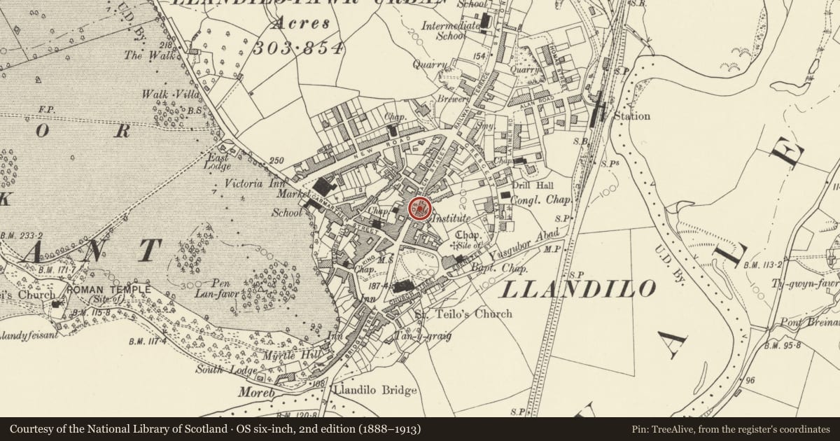 Ordnance Survey six-inch map, 2nd edition (1888–1913) covering the location of NO.115 Including tunnel passage & rear range to right, Llandeilo, Carmarthenshire, with a pin at the register's coordinates