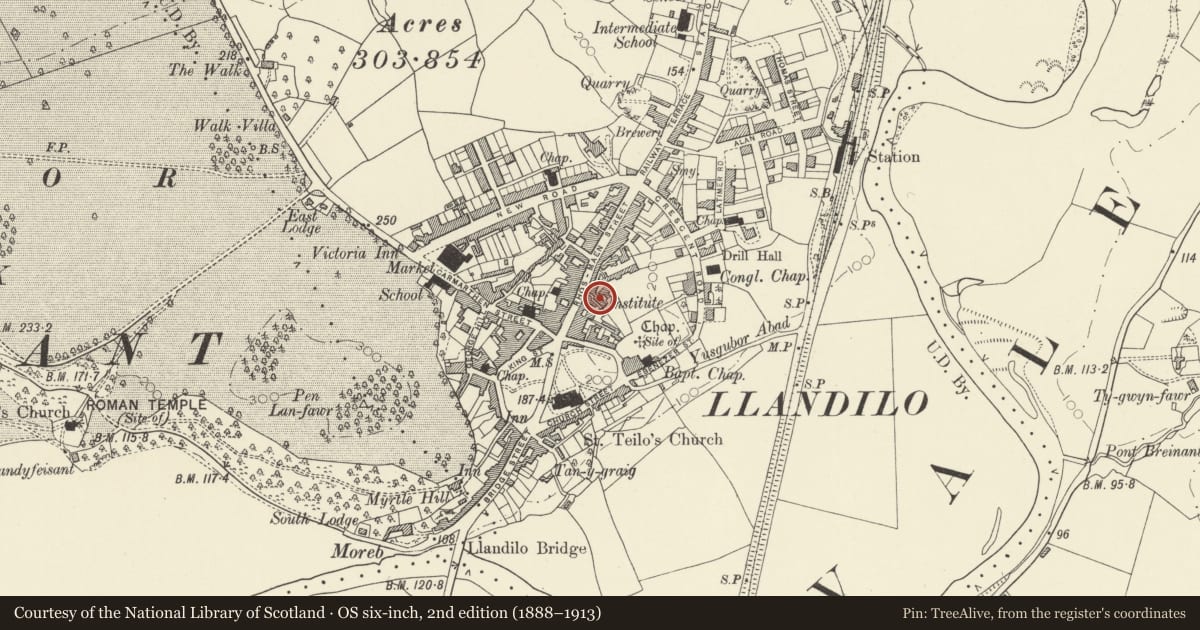Ordnance Survey six-inch map, 2nd edition (1888–1913) covering the location of Former Reading room & Library, Llandeilo, Carmarthenshire, with a pin at the register's coordinates