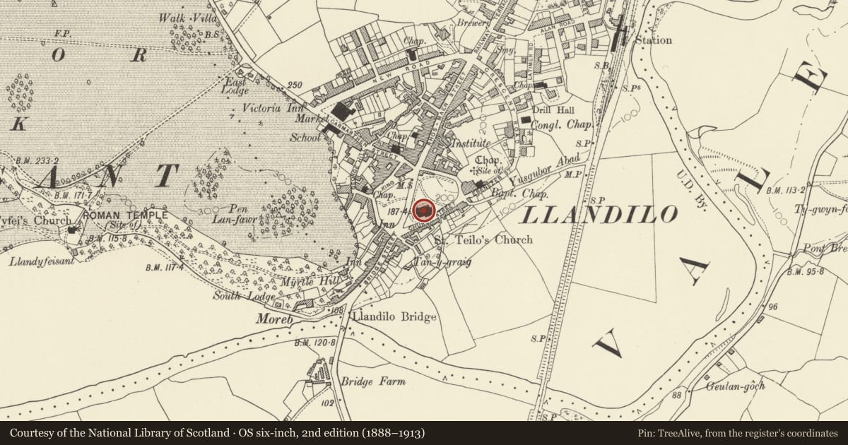 Ordnance Survey six-inch map, 2nd edition (1888–1913) covering the location of Parish Church of St Teilo, Llandeilo, Carmarthenshire, with a pin at the register's coordinates