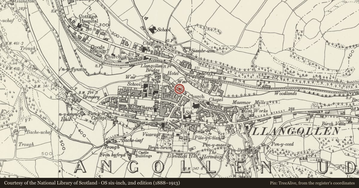 Ordnance Survey six-inch map, 2nd edition (1888–1913) covering the location of 19 Bridge Street, Llangollen, Denbighshire, with a pin at the register's coordinates