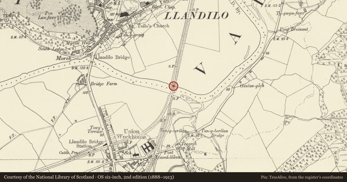 Ordnance Survey six-inch map, 2nd edition (1888–1913) covering the location of Llandeilo Railway Bridge (partly in Dyffren Cennen community), Carmarthenshire, with a pin at the register's coordinates