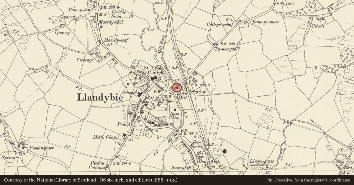 Ordnance Survey six-inch map, 2nd edition (1888–1913) covering the location of The Mill, Llandybie, Carmarthenshire, with a pin at the register's coordinates
