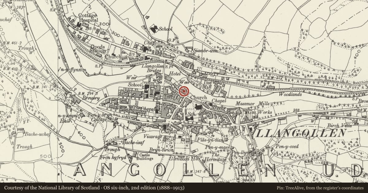 Ordnance Survey six-inch map, 2nd edition (1888–1913) covering the location of 23 Bridge Street, Llangollen, Denbighshire, with a pin at the register's coordinates