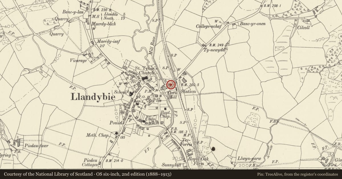 Ordnance Survey six-inch map, 2nd edition (1888–1913) covering the location of The Mill House, Llandybie, Carmarthenshire, with a pin at the register's coordinates