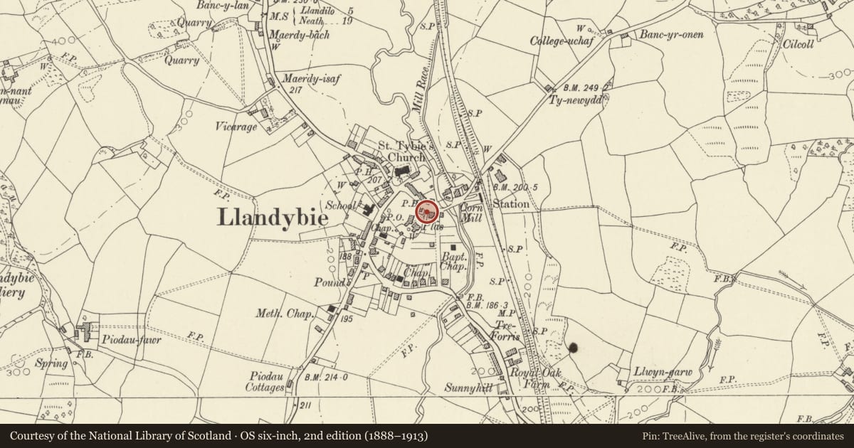 Ordnance Survey six-inch map, 2nd edition (1888–1913) covering the location of Stone Spheres at Entrance to Plâs Llandybie, Carmarthenshire, with a pin at the register's coordinates