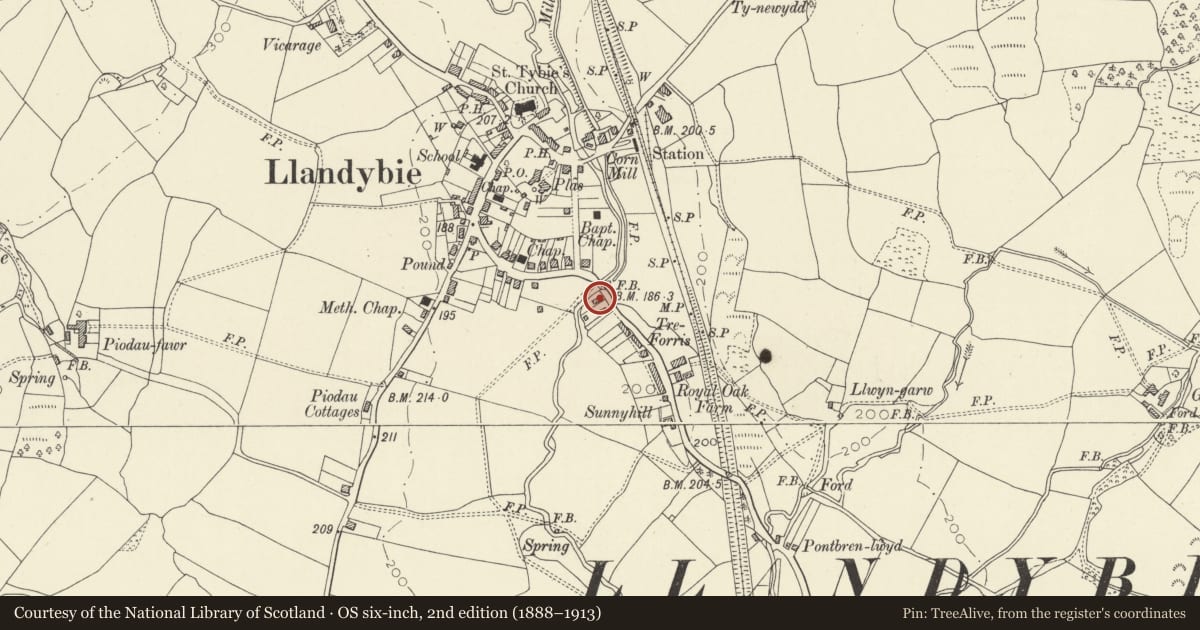 Ordnance Survey six-inch map, 2nd edition (1888–1913) covering the location of American Villas, Llandybie, Carmarthenshire, with a pin at the register's coordinates