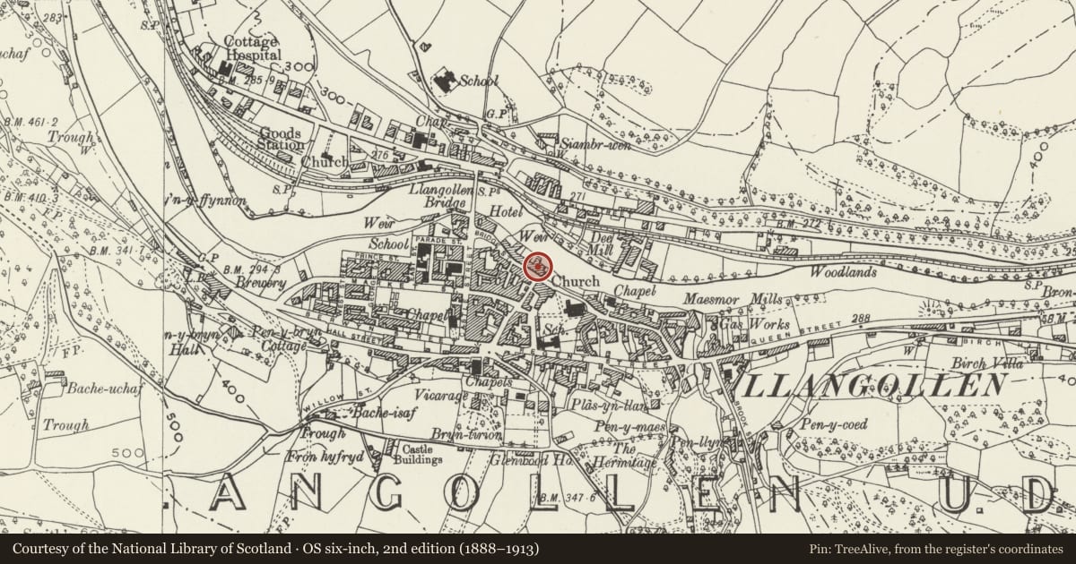 Ordnance Survey six-inch map, 2nd edition (1888–1913) covering the location of Seventh Heaven, Llangollen, Denbighshire, with a pin at the register's coordinates