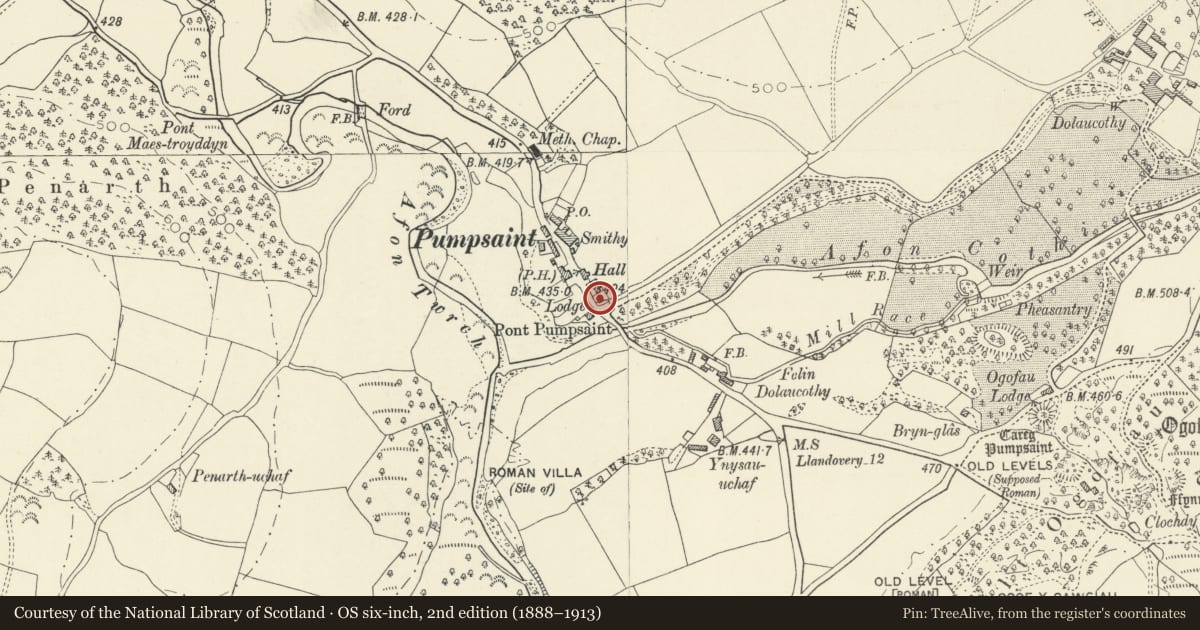 Ordnance Survey six-inch map, 2nd edition (1888–1913) covering the location of The Lodge, Cynwyl Gaeo, Carmarthenshire, with a pin at the register's coordinates