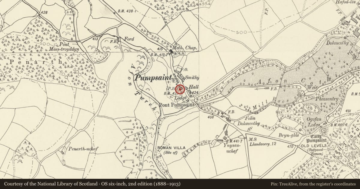 Ordnance Survey six-inch map, 2nd edition (1888–1913) covering the location of The Dolaucothi Arms, Cynwyl Gaeo, Carmarthenshire, with a pin at the register's coordinates