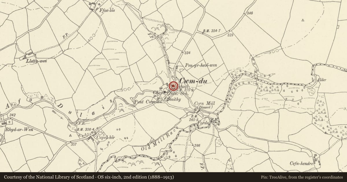 Ordnance Survey six-inch map, 2nd edition (1888–1913) covering the location of Telephone Call-box near Cwmdu Village Hall, Talley, Carmarthenshire, with a pin at the register's coordinates