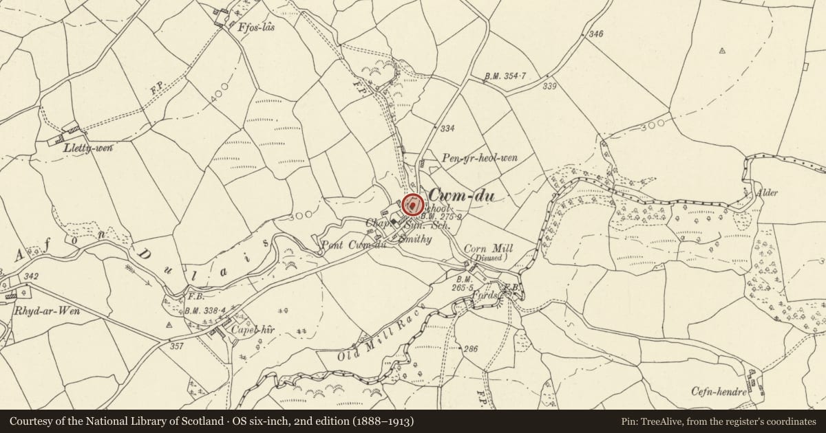 Ordnance Survey six-inch map, 2nd edition (1888–1913) covering the location of Cwmdu Village Hall, Talley, Carmarthenshire, with a pin at the register's coordinates