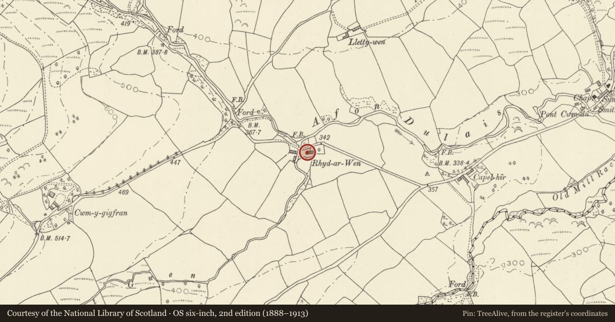 Ordnance Survey six-inch map, 2nd edition (1888–1913) covering the location of Rhyd-Ar-Wen (Former Farmhouse & attached Range), Talley, Carmarthenshire, with a pin at the register's coordinates